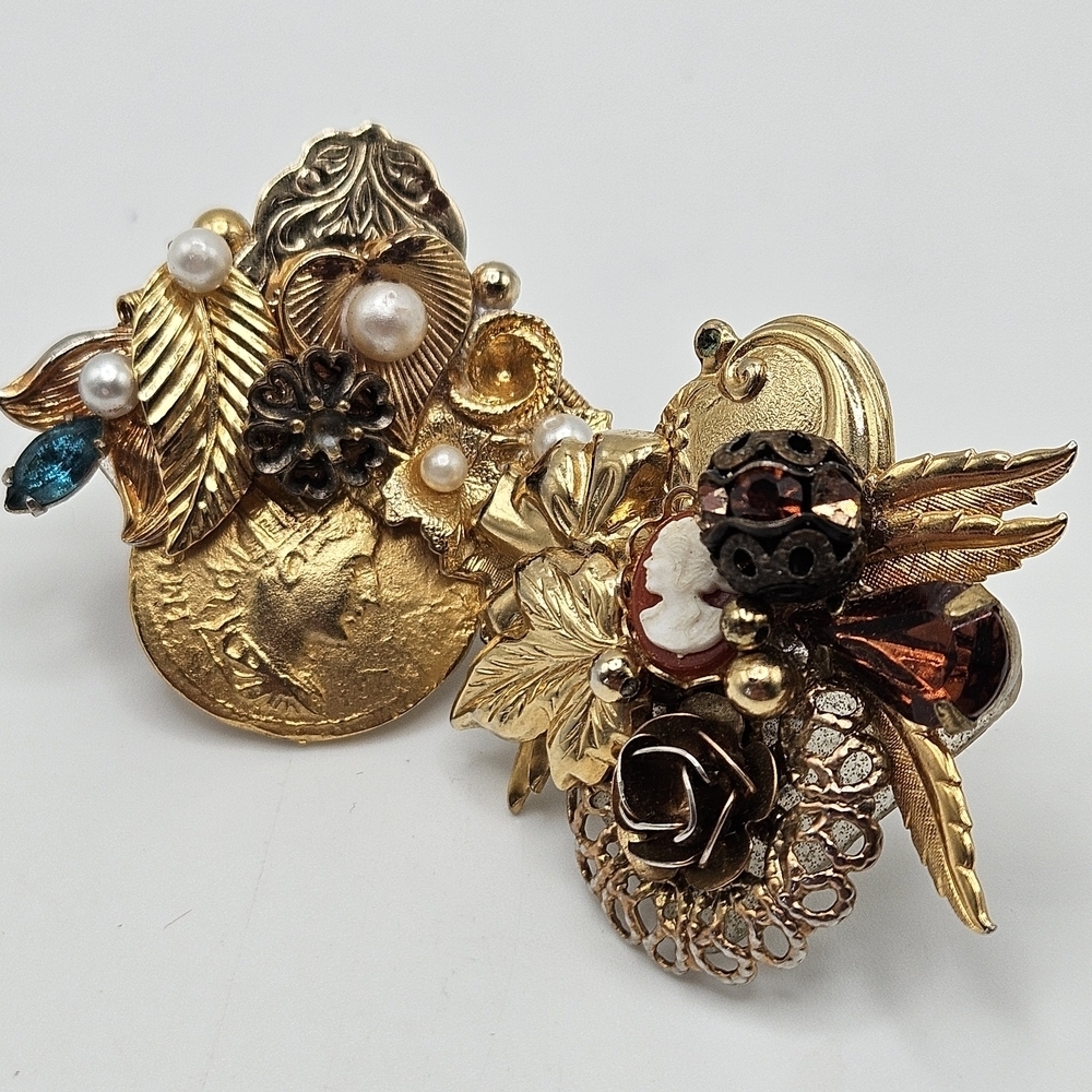 VINTAGE Upcycled Artisan Handcrafted Romantic Faux Pearl Gold Tone Clip Earrings